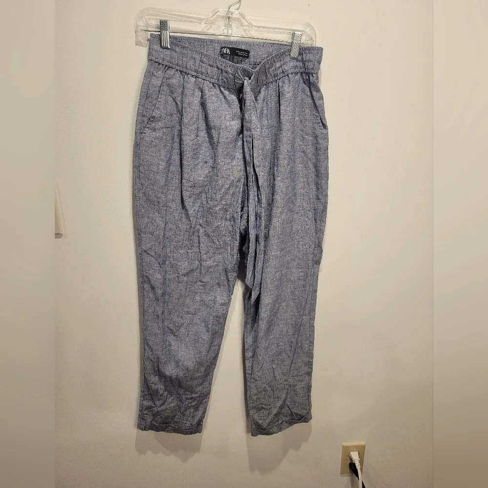 Zara size m linen/cotton blend blue elastic waist pullon pants